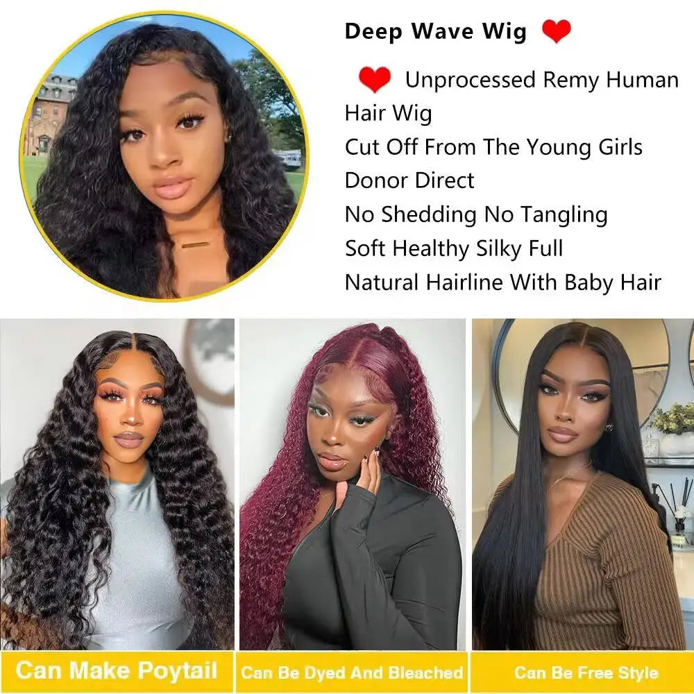 Deep Wave HD Lace Front Wig – 180% & 200% Density Brazilian Human Hair (13x4 & 13x6) 16–36 Inch