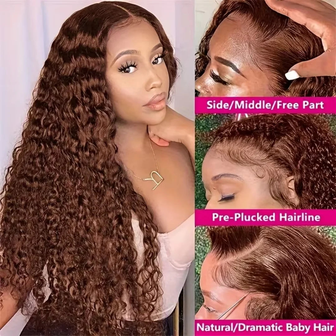 Chocolate Brown Deep Wave 13x4 HD Lace Frontal Wigs Human Hair Transparent Pre Plucked 250% Density Water Wave Lace Frontal Wigs