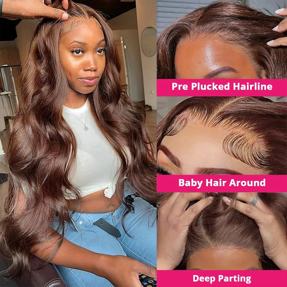 HD Chocolate Brown 13x4 Body Wave Lace Front Wig Brazilian 13x6 Lace Frontal Wigs Woman Remy Colored Human Hair Wigs Pre Plucked