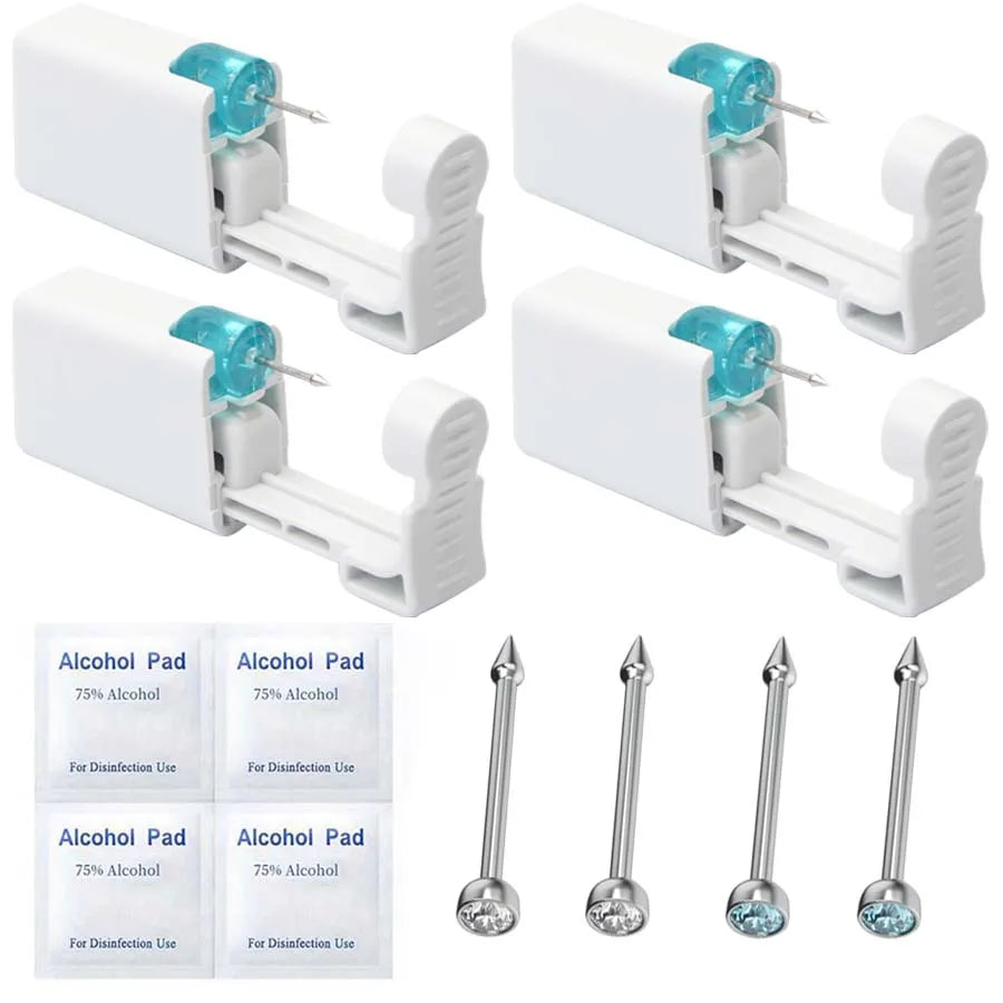 4PCS Self Hypoallergenic Nose Piercing Kit-Disposable Nose Piercing Gun with Built-in Nose Studs